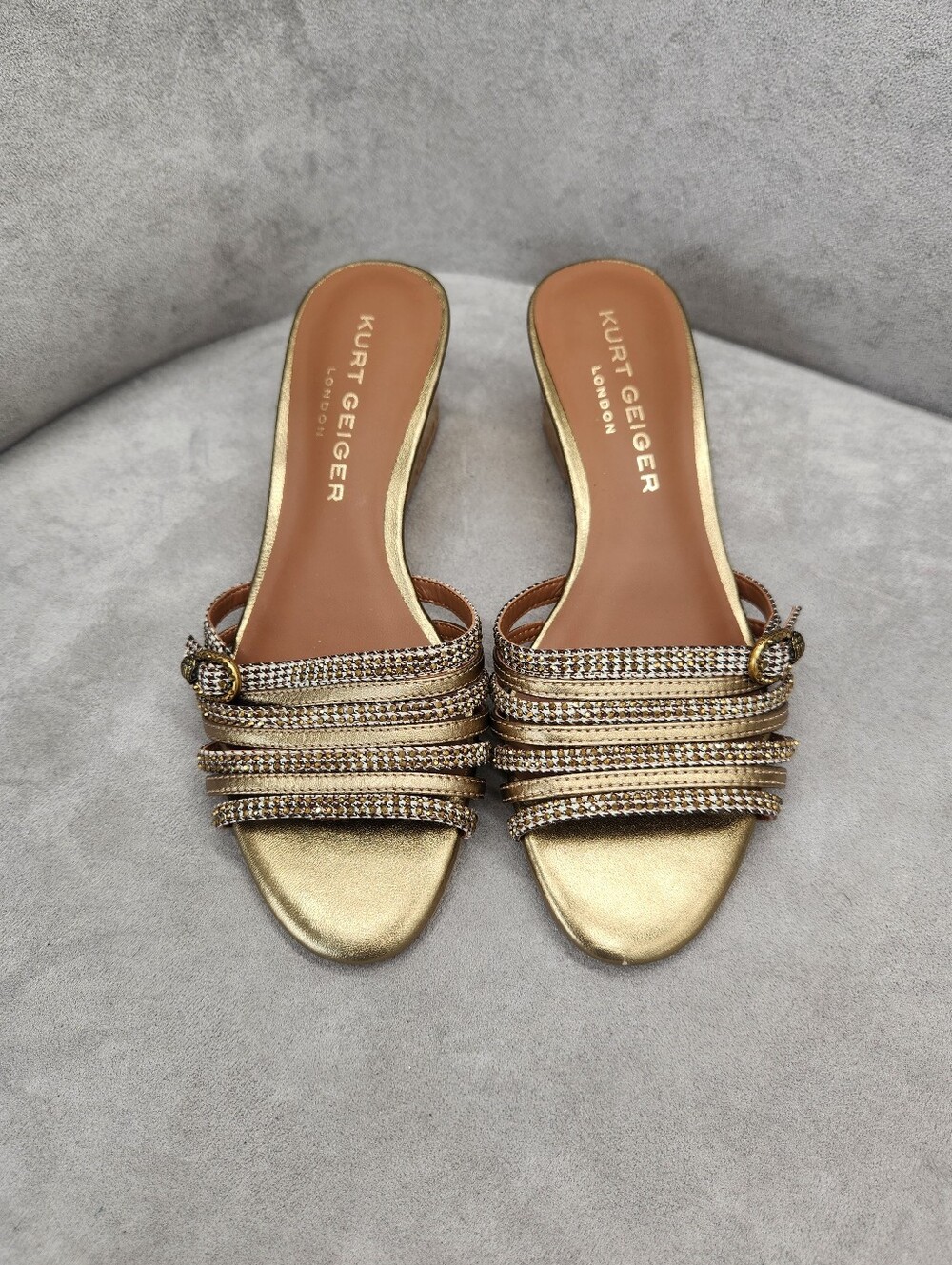 Kurt Geiger Wedge Sandals 5.5 Gold Bronze Pierra Slides Logo Strappy New $145